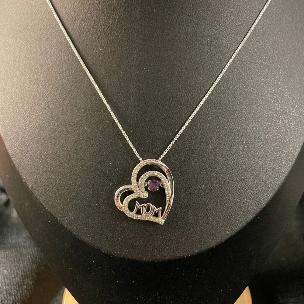 Heart Shaped Mom Necklace Amethyst White Topaz Pendant